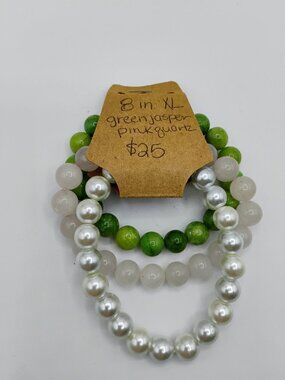 3 piece beaded bracelet set - Green jasper, pink quartz, pearl - size 8 in XL